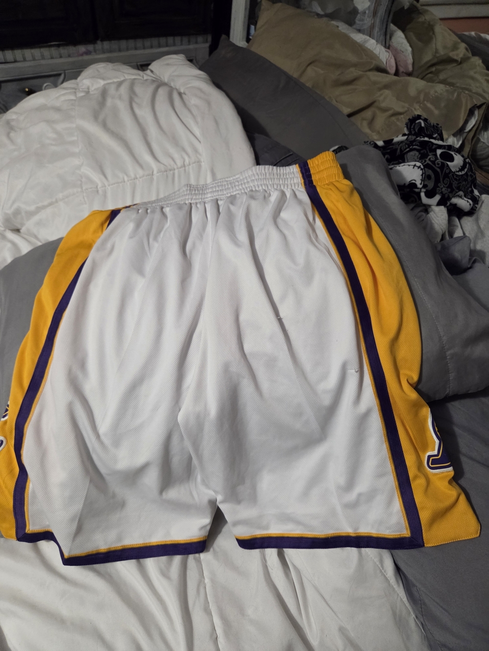 Adidas 2013 Los Angelos Lakers White, Yellow and Purple Men's Athletic Shorts.